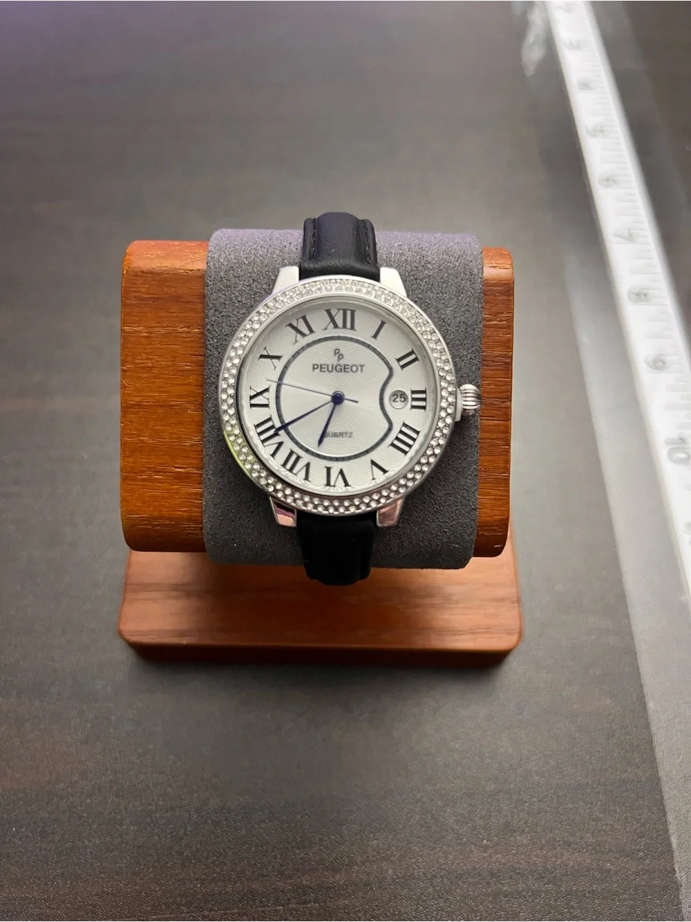 Peugeot Silver Crystal Bezel Watch with Black Strap